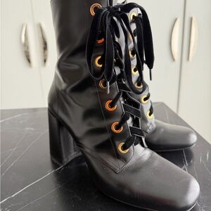Prada Black Lace-Up Boots with Gold Eyelets
